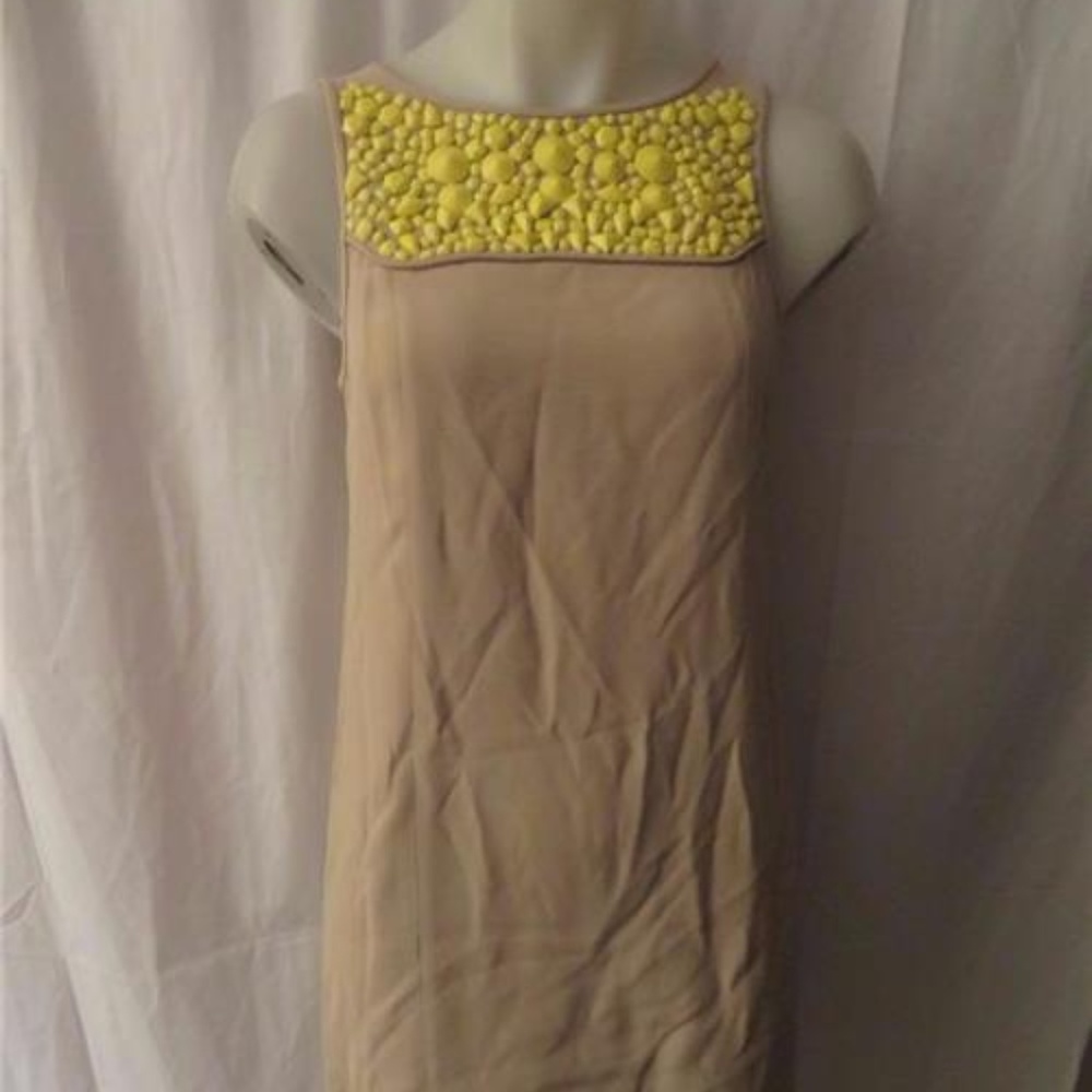 TIBI TAUPE/NEON YELLOW STONES SLEEVELESS DRESS 2